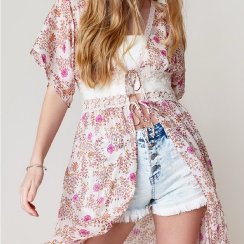 Floral Maxi Cover up with Lace Detail - Picture 2 of 5